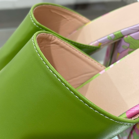 NWT Lime green patent floral platform 5” chunky heel mules no brand all new 7.5 - Picture 5 of 12